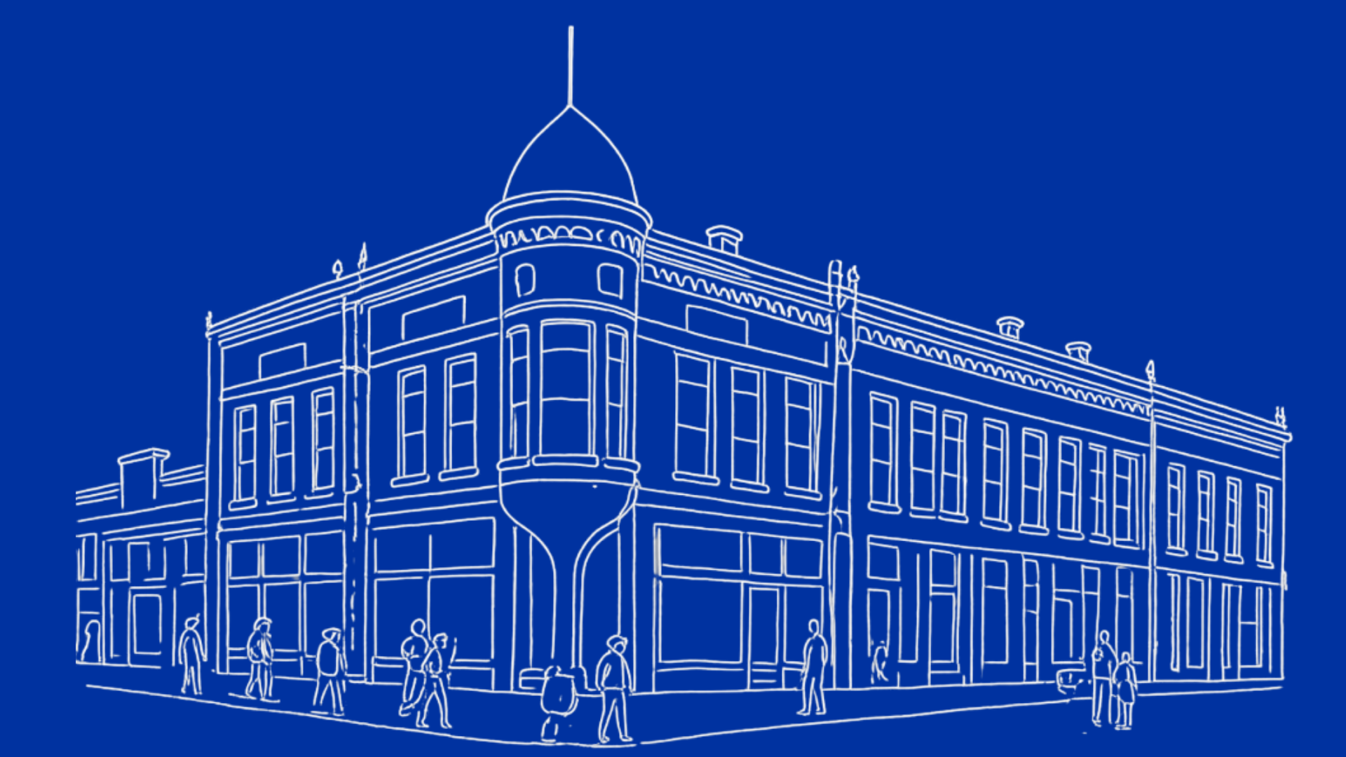 Vision Bank historic line art on blue background
